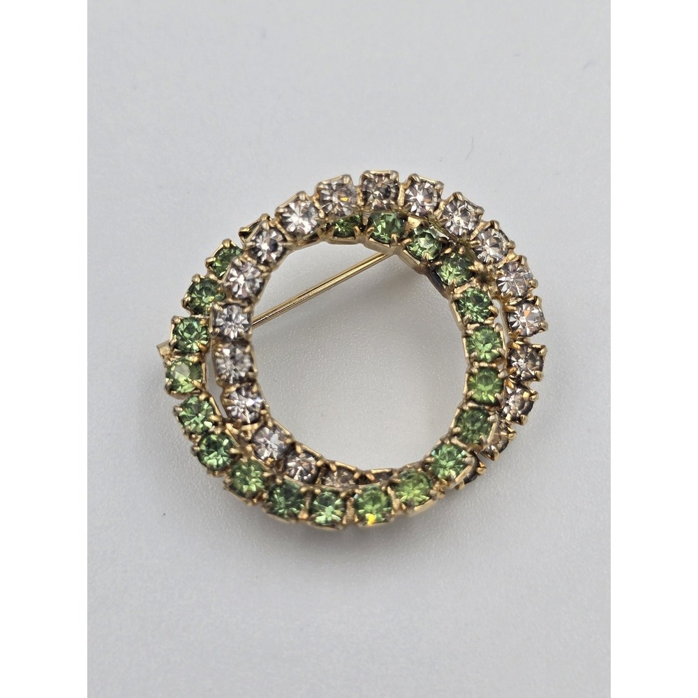 Vintage Gold Tone Intertwined Rhinestone Brooch Pin Green Clear Champagne Circle